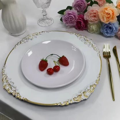Junnfun White Charger Plates Set of 6,White Chargers for Dinner Plates,Plastic Charger Plates White and Gold Rim Charger Plates,Vintage Plate Chargers for Table Settings,Sturdy and Beautiful