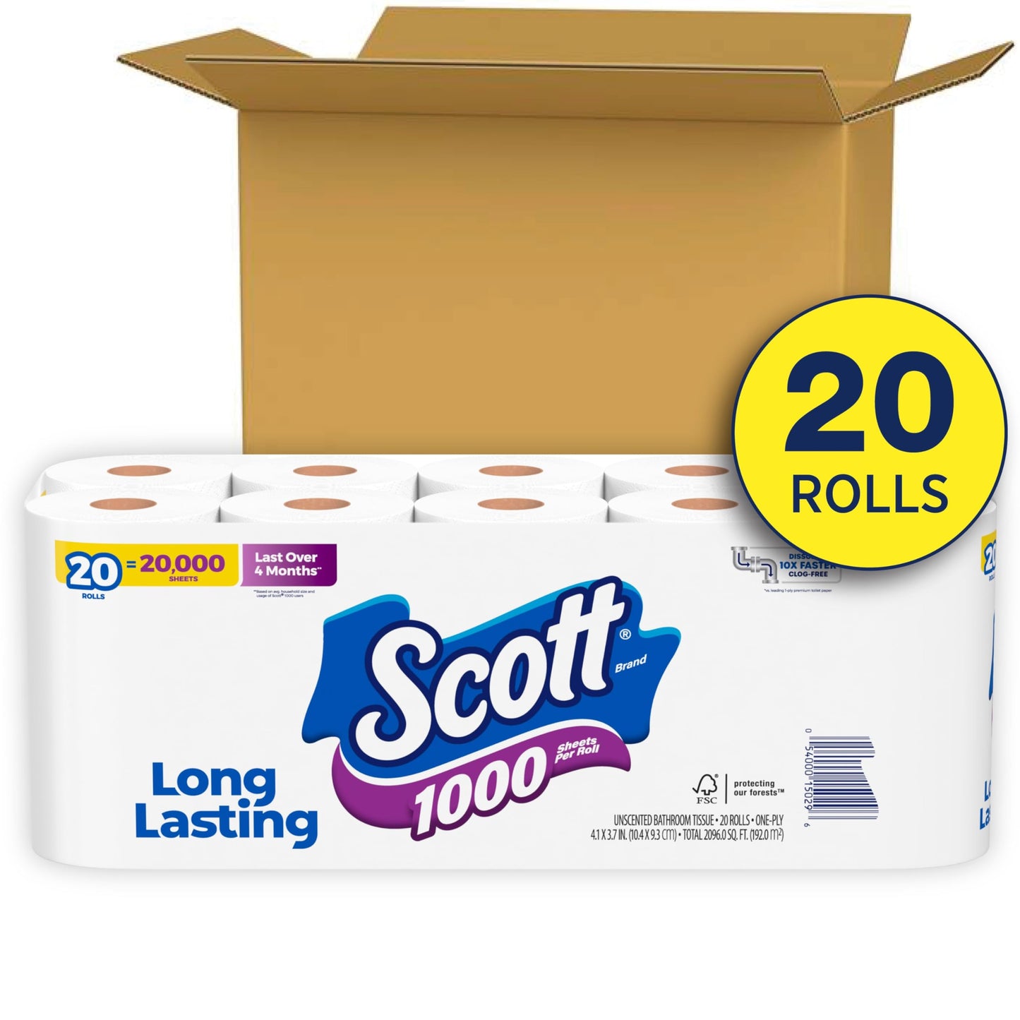 Scott 1000 Toilet Paper, 20 Regular Rolls, Septic-Safe, 1-Ply Toilet Tissue