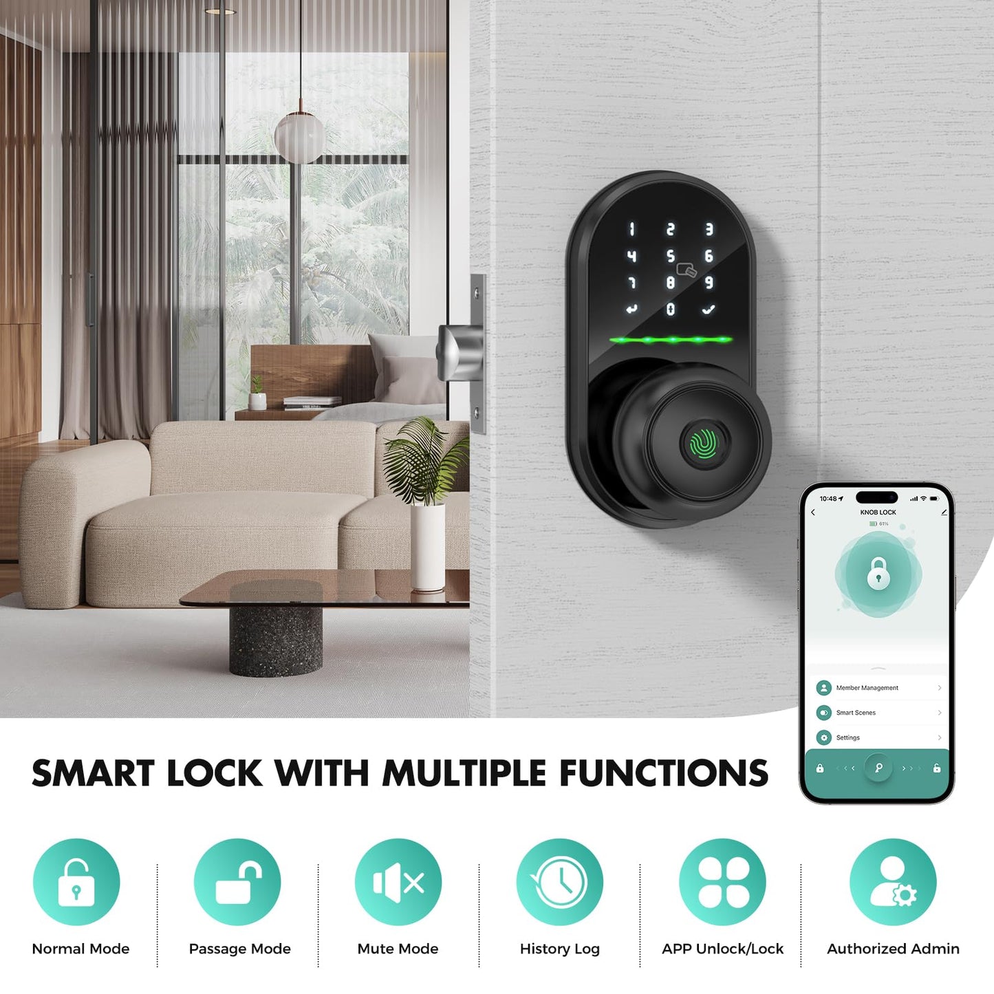Keyless Fingerprint Smart Door Lock with Knob