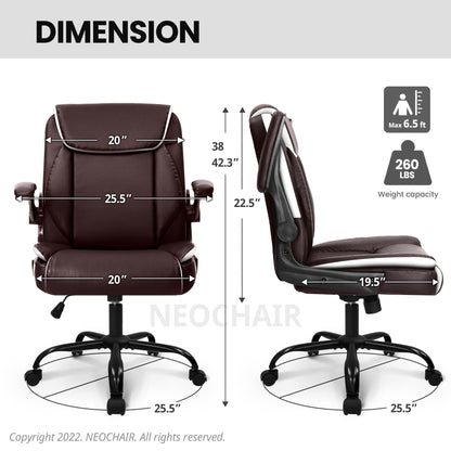 NEO CHAIR Office Chair Adjustable Desk Chair Mid Back Executive Comfortable PU Leather Ergonomic Gaming Back Support Home Computer with Flip-up Armrest Swivel Wheels (Brown)