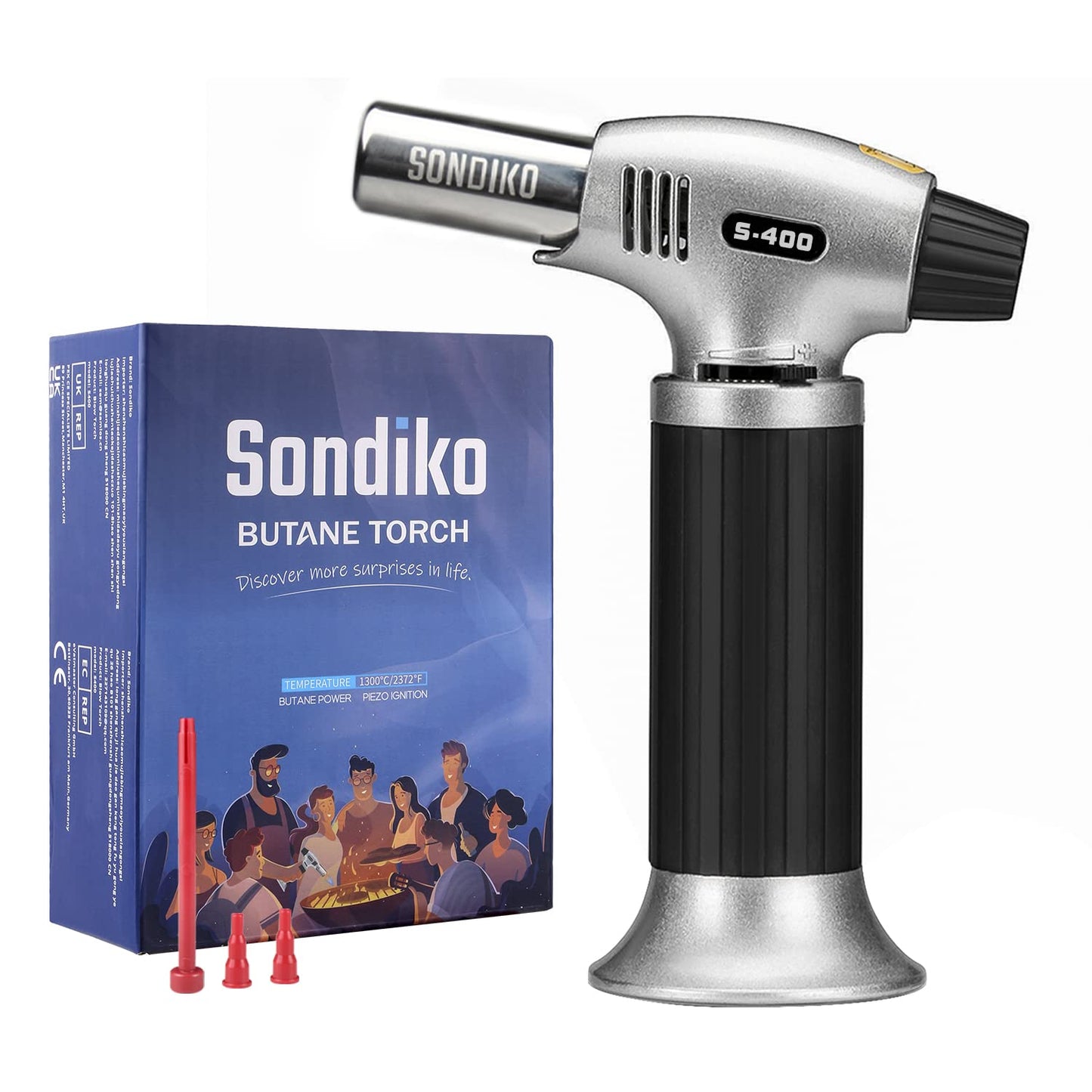 Sondiko Butane Torch S400, Refillable Kitchen Torch Lighter, Fit All Butane Tanks Blow Torch with Safety Lock and Adjustable Flame for Desserts, Creme Brulee, and Baking—Butane Gas Is Not Included