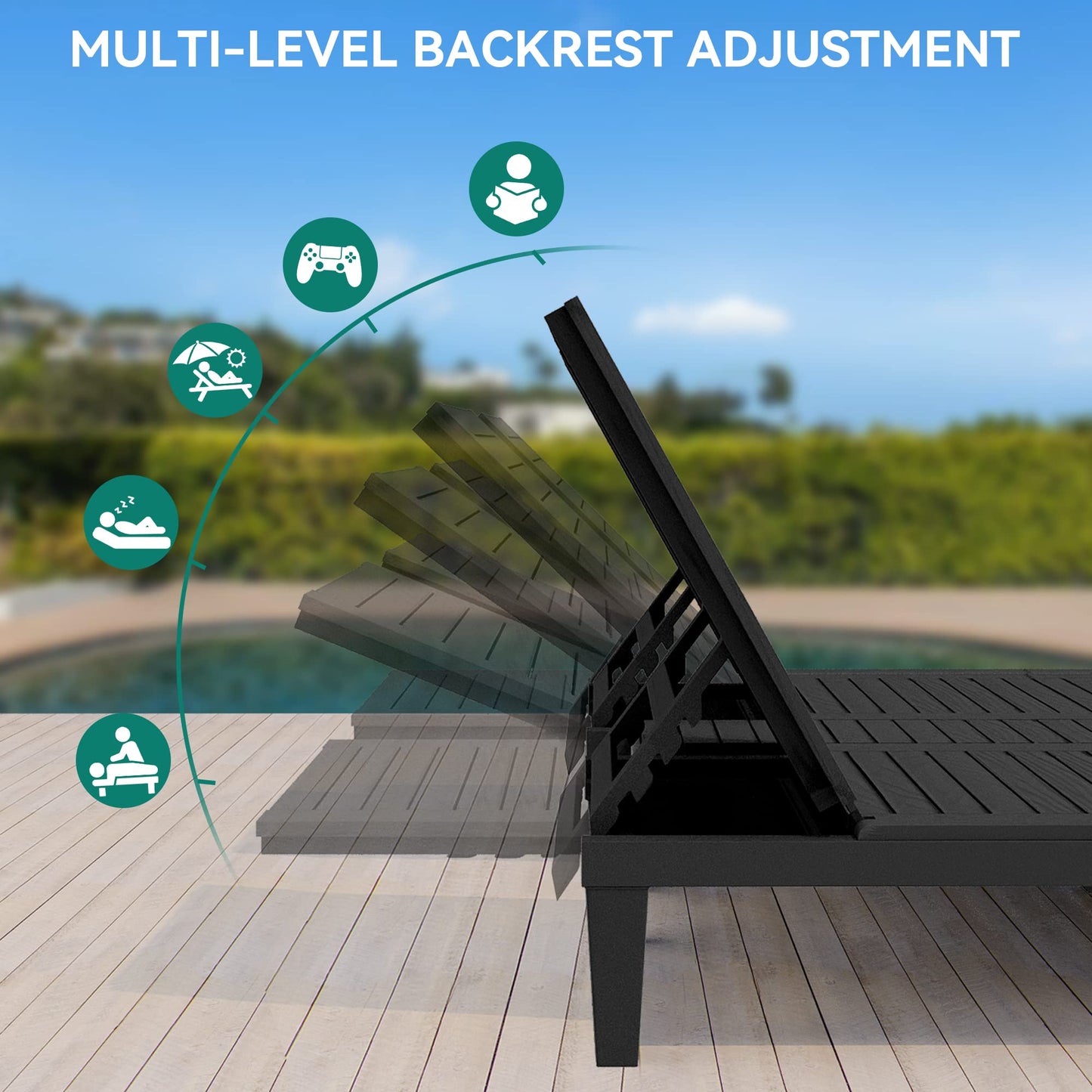 YITAHOME 2-in-1 Outdoor Chaise Lounge Chairs with Adjustable Backrest, Sturdy Loungers for Patio & Poolside, Easy Assembly & Waterproof with 530lbs Weight Capacity, Resin, Set of 2, Black