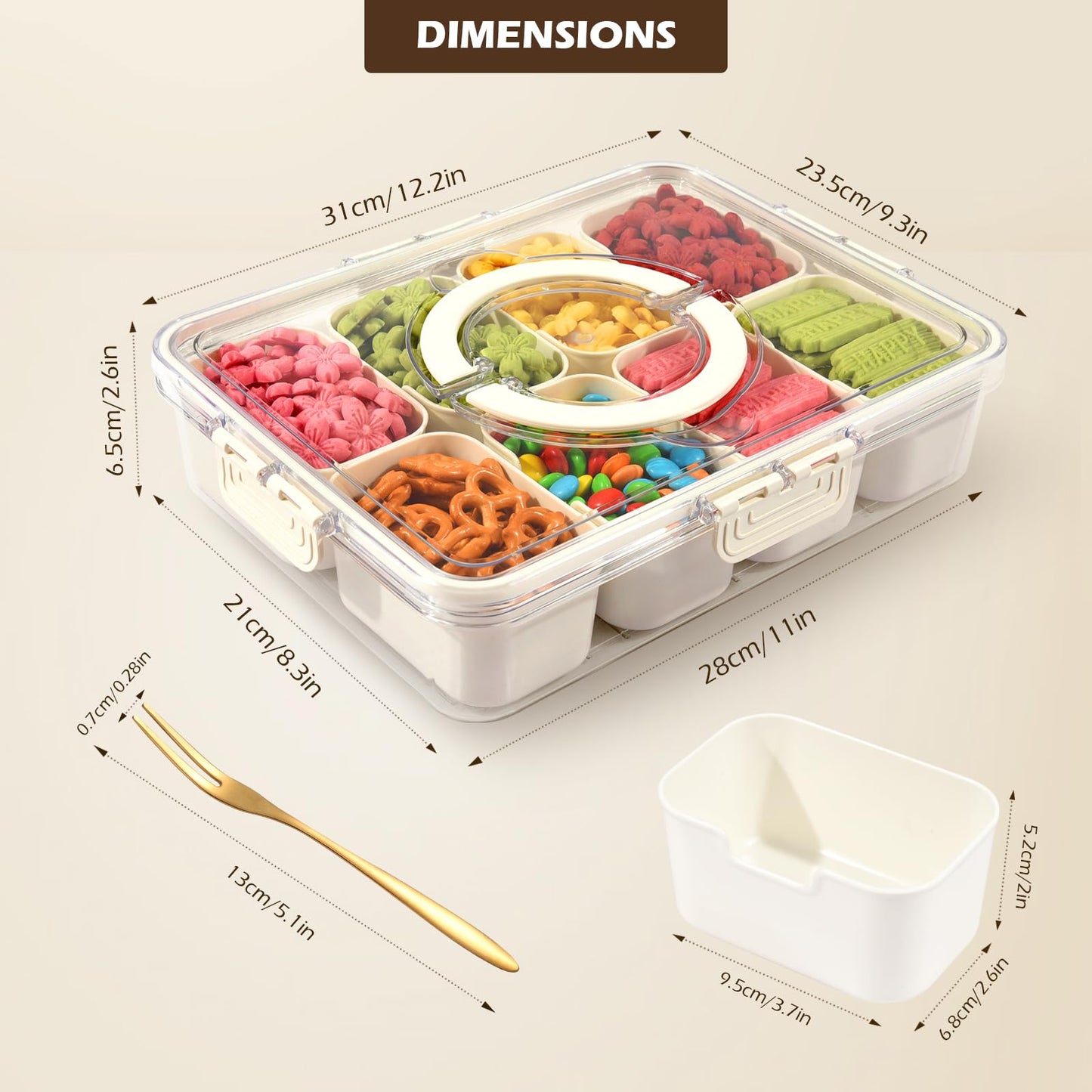 joyddo Divided Serving Tray with Lid and Handle,Snackle Box Container mit 8 Compartments Clear Serving Platters and Trays,Snack Platters for Veggie Fruits Tray, for Picnic Party Travel(with 4 Forks)
