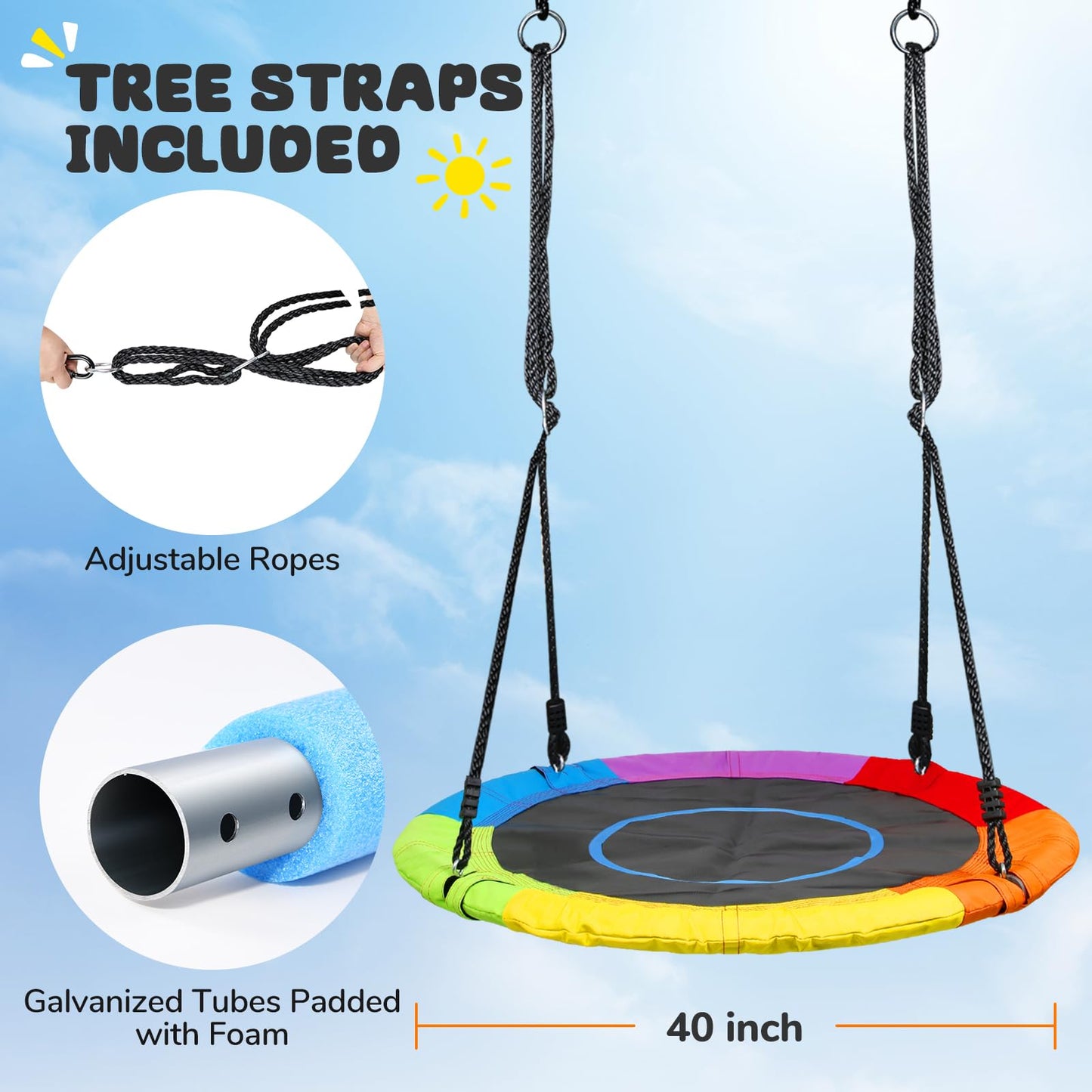 Trekassy 700lb 40 Inch Saucer Tree Swing for Kids Adults 900D Oxford Waterproof with 2pcs Tree Hanging Straps, Steel Frame and Adjustable Ropes Rainbow