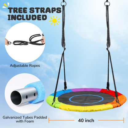 Trekassy 700lb 40 Inch Saucer Tree Swing for Kids Adults 900D Oxford Waterproof with 2pcs Tree Hanging Straps, Steel Frame and Adjustable Ropes Rainbow
