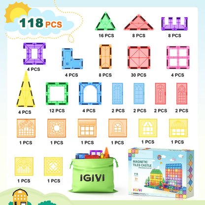 IGIVI 118PCS Magnetic Tiles, Magnet Building Blocks for Kids Ages 3-5 4-8, STEM Construction Toys for Toddlers, Toys Gifts for 3+ Year Old Boys & Girls