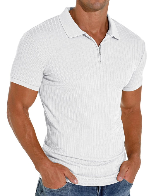 Askdeer Men's Zip Polo Shirts Classic Short Sleeve Stretch Slim Fit Casual T Shirts White