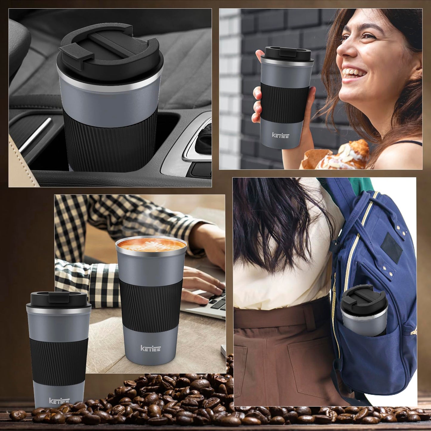 KETIEE Travel Coffee Mug 12oz: Insulated Coffee Cup with Leakproof Lid, Coffee Tumbler, Reusable Coffee Cups with Seal Lid, Vacuum Stainless Steel Coffee Mug to Go for Hot/Ice Coffee Tea (Grey)