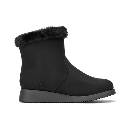 CentroPoint Women's Fashion Ankle Snow Boots Low Wedge Heel Short Winter Booties Faux Fur Cuff Warm Outdoor Shoes(Black Faux Suede,Numeric_6)