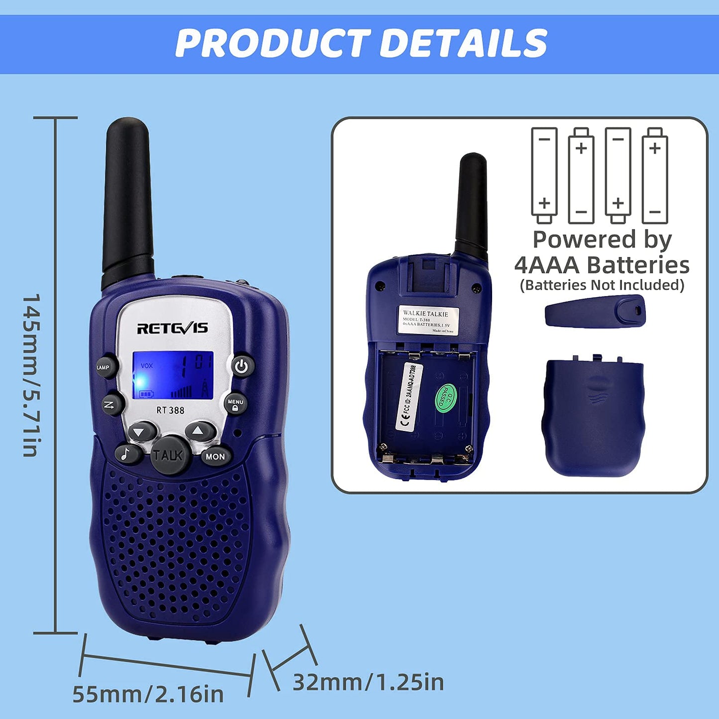 Retevis RT388 Kids Walkie Talkies,Toys for 6-12 Year Old Boys Girls,Walkie Talkies for Kids 2 Way Radio,Kids Toys Gifts for Outdoor(Dark Blue,1 Pair)