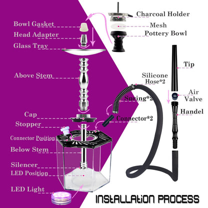 QiQiCi Hookah 2 Hose Hookah Set With Everything Modern Hexagon Plus Acrylic Hookah Shisha With Hookah Accessories LED Hookah With Hookah Bowl Coal Holder Hookah Tongs 5 Hookah Tips (BluePlus)
