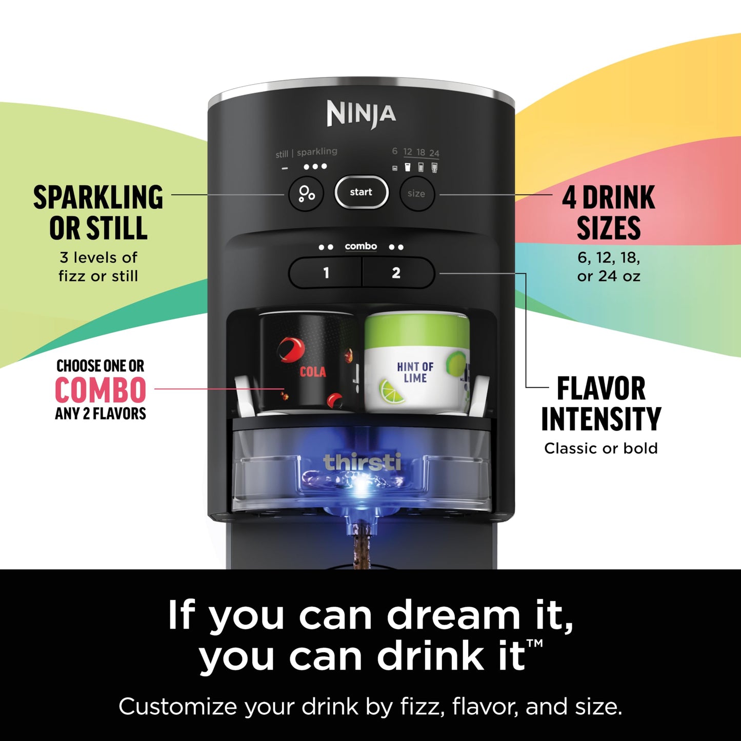 Ninja Thirsti Drink System, Soda Maker, Create Unique Sparkling & Still Drinks, Personalize Size & Flavor, Carbonated Water Machine, 60L CO2 Cylinder & Variety of Flavored Water Drops, Black WC1001