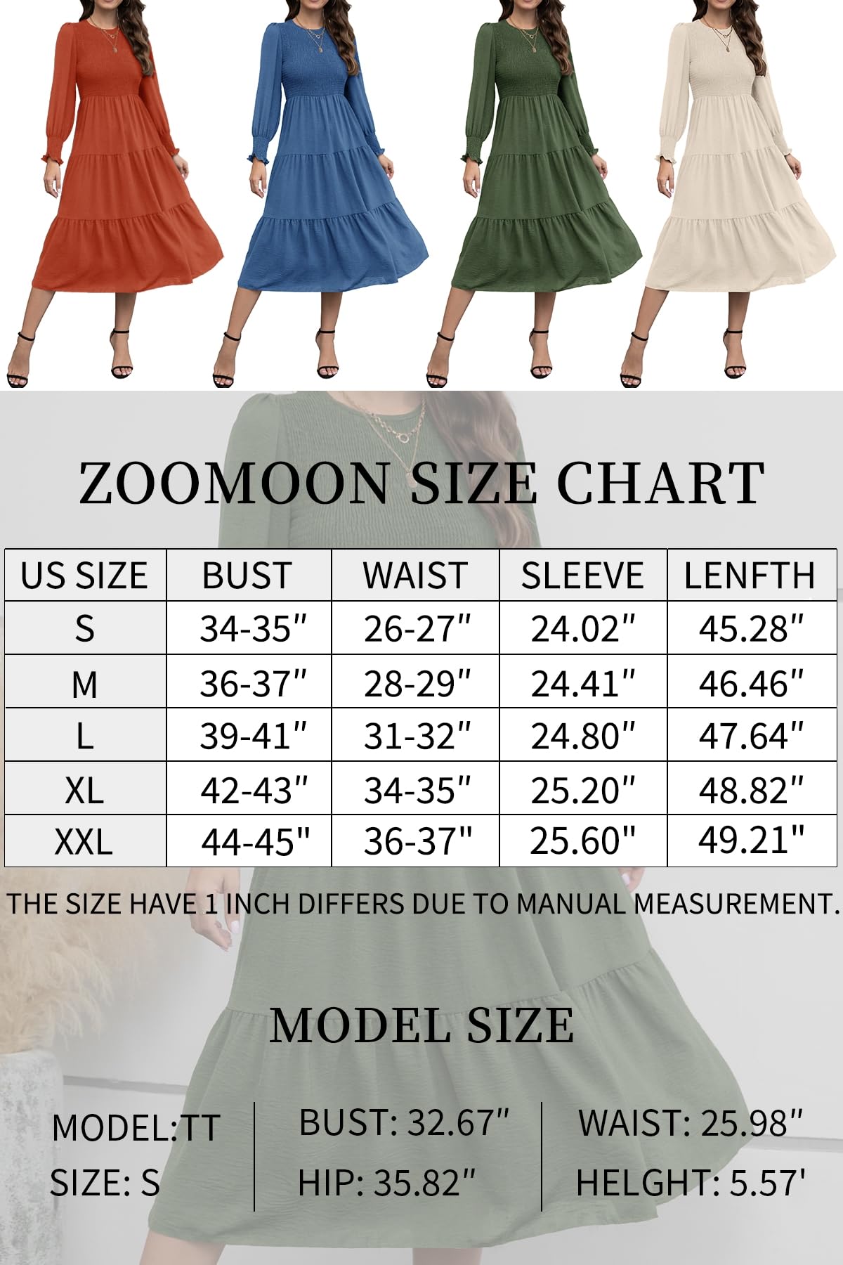 ZOOMOON Women's Casual Long Sleeve Midi Dress