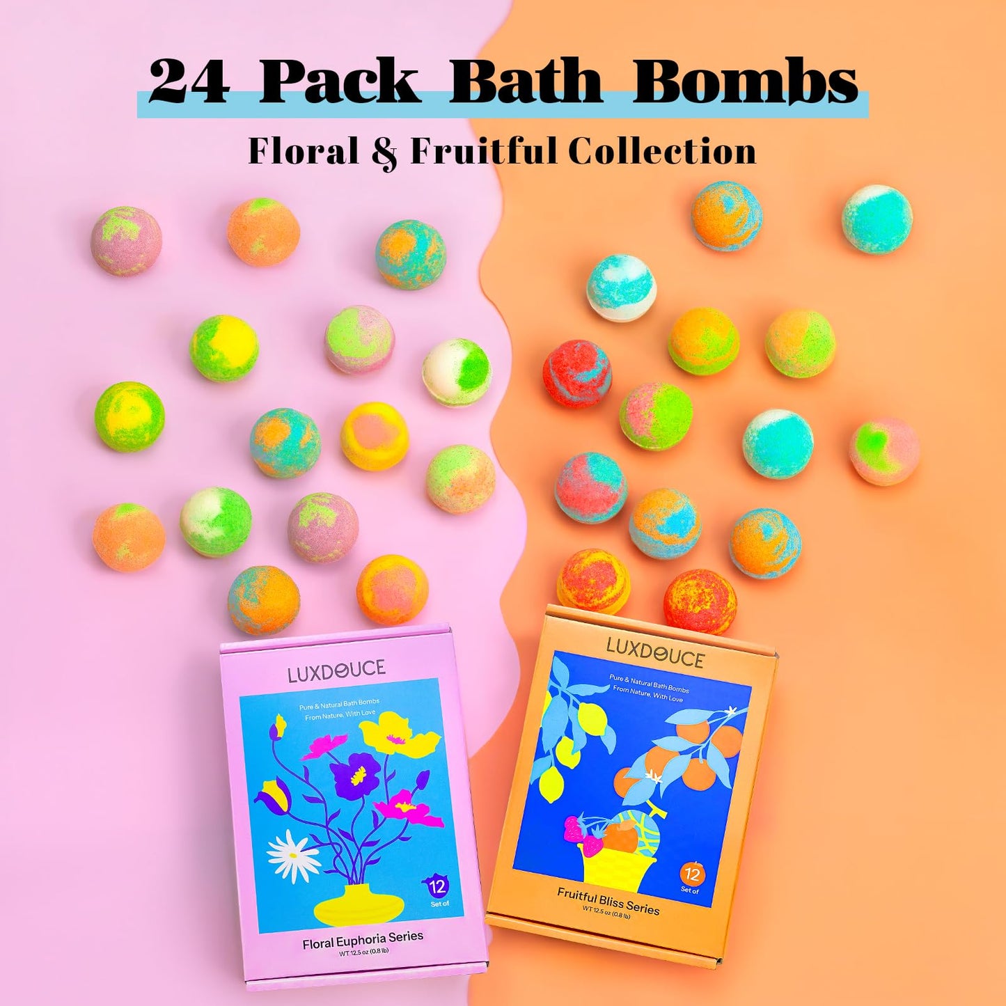 Bath Bombs Gift Set, 24 Pack Bubble Bombs with 12 Unique Scents, Floral Euphoria & Fruitful Bliss Collections, Skin-Soothing & Mood-Enhancing, Bath Bombs Mothers Day Gift Set for Mom