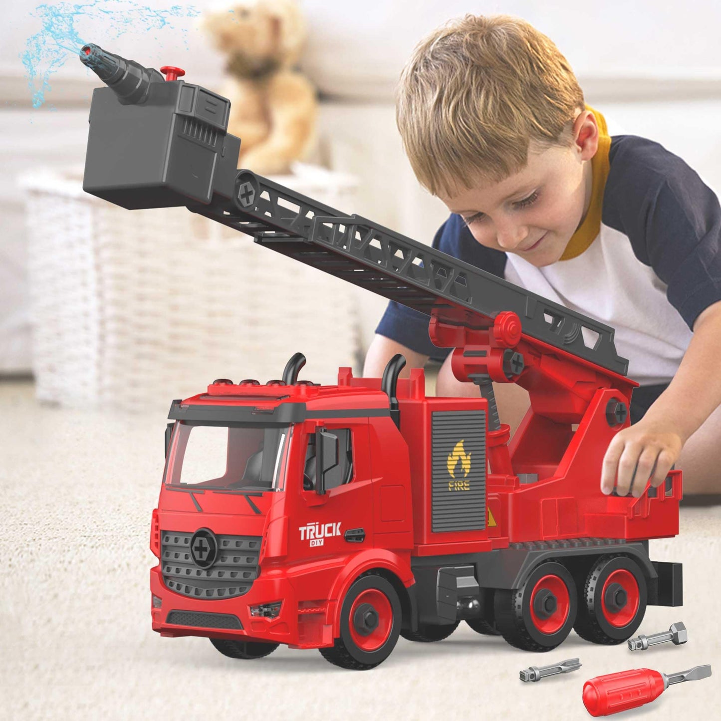 Dwi Dowellin Fire Truck Toys for 4 5 6 7 Years Old Kids, Fire Rescue Vehicle with Shooting Water,Light&Sounds, Assemble Cars Toy, Gift for Boy Girl