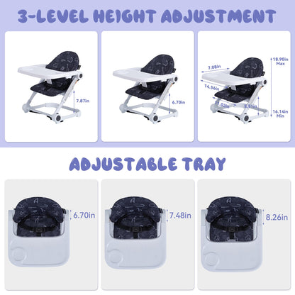 Pamo Babe Booster Seat for Dining Table, Travel Lightweight Folding 2-in-1 Feeding Seat for Baby, Adjustable Tray and Adjustable Hight (Black)
