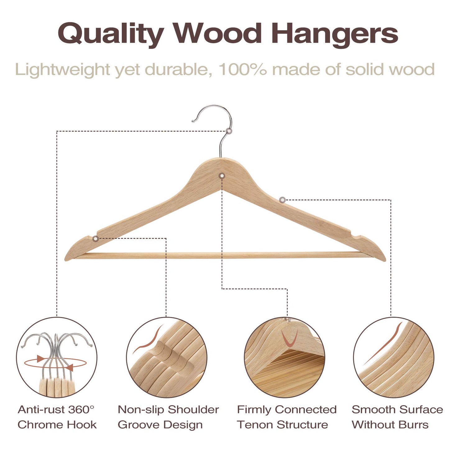 Wooden Hangers 20-Pack with 360° Swivel Hooks