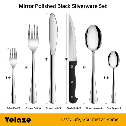 Velaze 48 Pcs Silverware Set for 8 with Steak Knives, Stainless Steel Flatware Set, Mirror Polished Cutlery Sets, Forks Spoons and Knives Set, Home Kitchen Eating Tableware Set, Dishwasher Safe