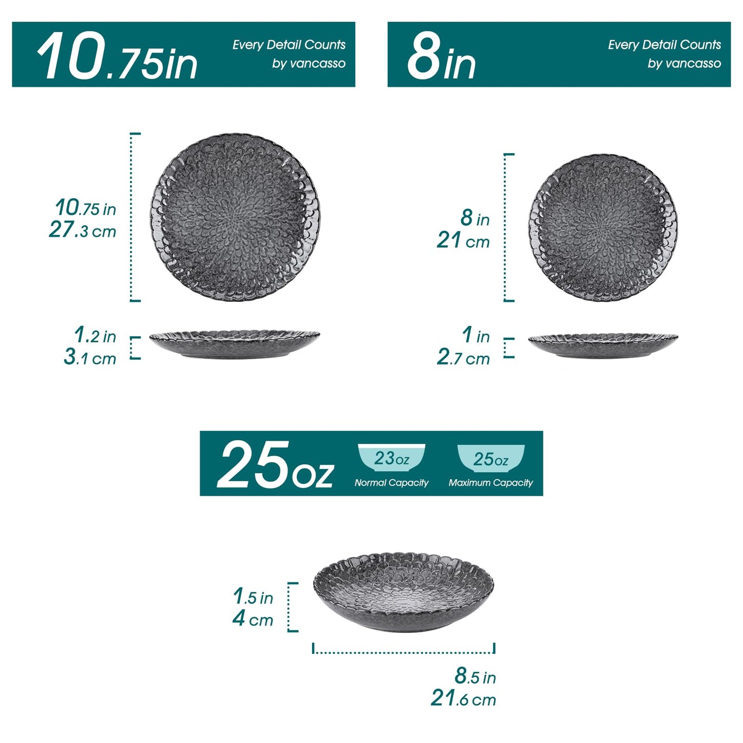vancasso Dinnerware Sets Gray Reactive Glaze Crockery Set, 12-Piece Stoneware Plates and Bowls Set with Dinner Plate, Dessert Plate and Pasta Bowl Chrysanthemum Embossed, Service for 4