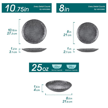 vancasso Dinnerware Sets Gray Reactive Glaze Crockery Set, 12-Piece Stoneware Plates and Bowls Set with Dinner Plate, Dessert Plate and Pasta Bowl Chrysanthemum Embossed, Service for 4