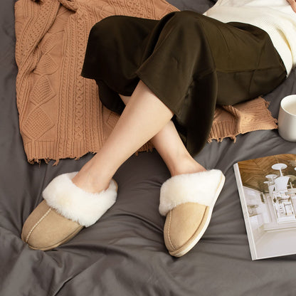 Parlovable Women's Slippers Fuzzy Warm Comfy Faux Fur Slip-on Fluffy Bedroom House Shoes Memory Foam Suede Cozy Plush Breathable Anti-Slip Indoor & Outdoor Winter Beige 9-10
