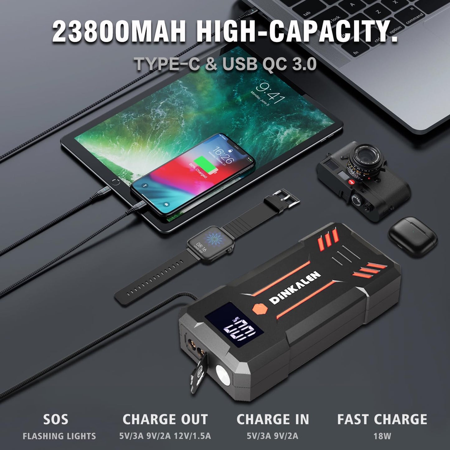 Portable 3000A Car Jump Starter with LED Lights