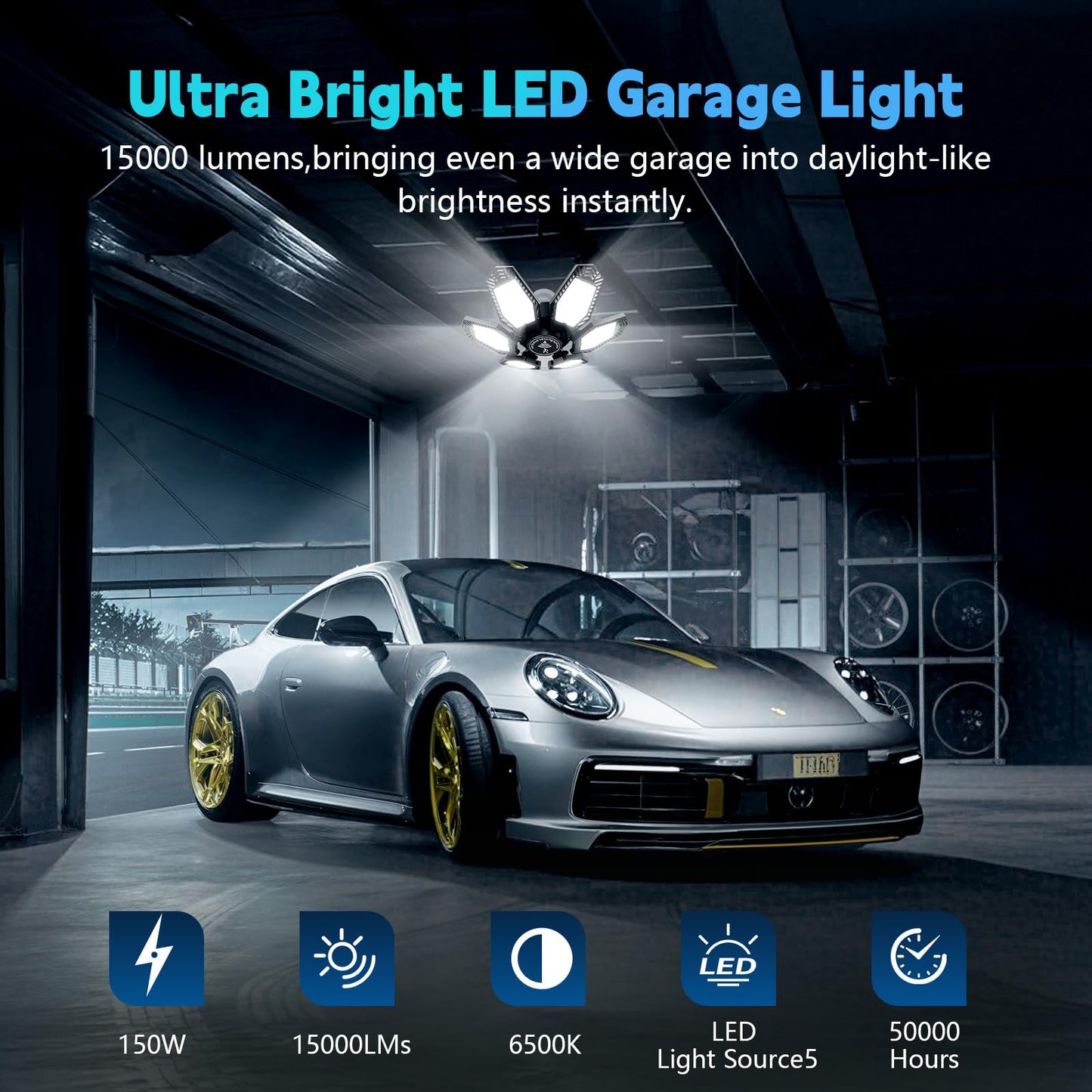 Myteaworld 2 Pack Motion Sensor Garage Light, 15000LM Ultra LED Shop Light Motion Activated, 6500K Daylight, 150W Deformable Garage Lighting for Attic, Workshop, Laundry Room, Basement(E26/E27 Screw)