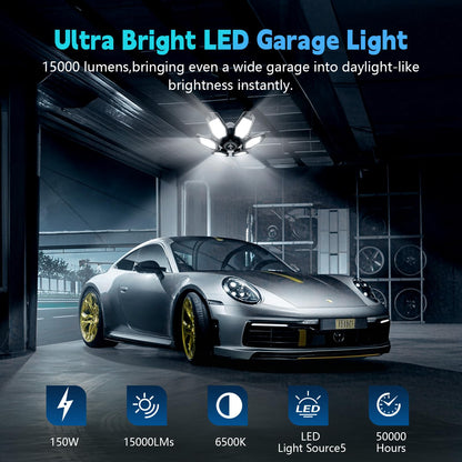 Myteaworld 2 Pack Motion Sensor Garage Light, 15000LM Ultra LED Shop Light Motion Activated, 6500K Daylight, 150W Deformable Garage Lighting for Attic, Workshop, Laundry Room, Basement(E26/E27 Screw)