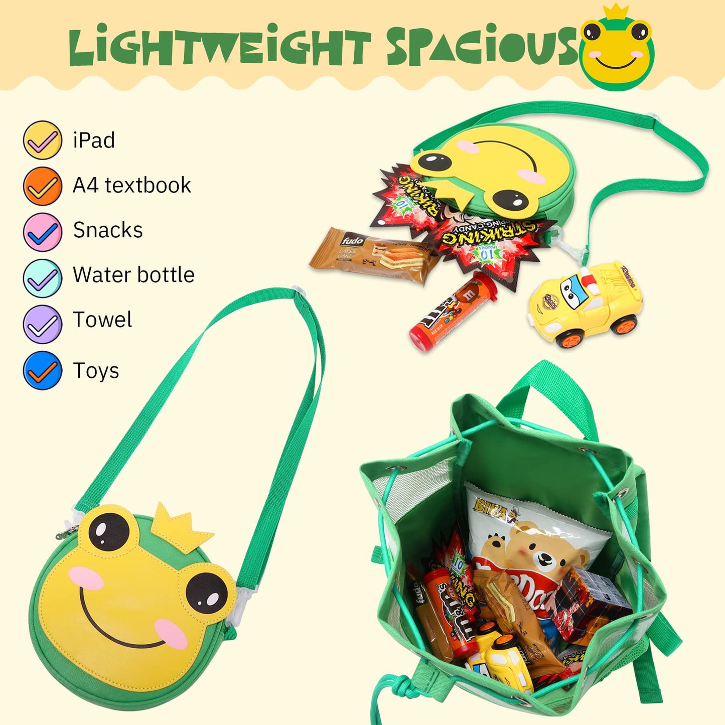 mygreen Multifunctional 2 in 1 Children Boy Girl Frog Print Drawstring Backpack Outdoor Casaul Portable Detachable Crossbody Shoulder Bag Swim Gymsack Sack Pack Green