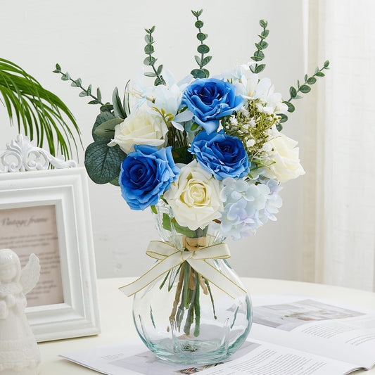 COZZI CODI Fake Flowers Artificial Blue White Roses Flower with Vase, Faux Silk Flowers Plants Decor for Home, Dining Table Decoration, Bathroom Decor, Living Room Coffee Table Decor