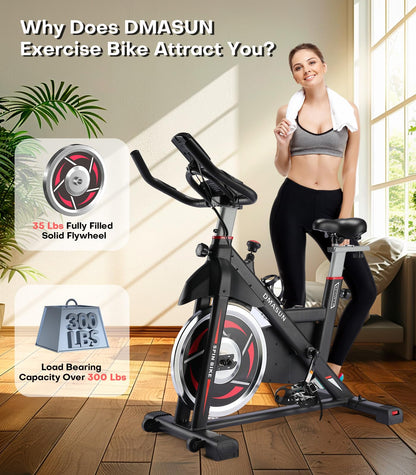Exercise Bike, DMASUN Classic Brake Pad Stationary Bike for Home with 300 LBS Capacity, Indoor Bike with Comfortable Seat Cushion, Digital Display with Pulse