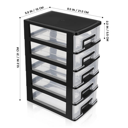 Tofficu Plastic Storage 5 Drawer Storage Tower Multifunctional Storage Cabinet with Clear Drawers Storage Case Organizer for Craft Stationary,5.9×8.5×12.2in (L×W×H)