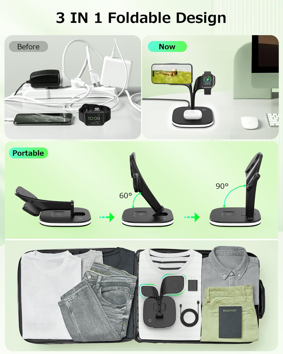 COLSUR Wireless Charging Station for Magsafe Charger, 3 in 1 Magnetic Foldable Wireless Charger Stand for iPhone 15/14/13/12 Series, iWatch Ultra/9/8/7/SE/6/5/4/3/2, AirPods Pro/3/2