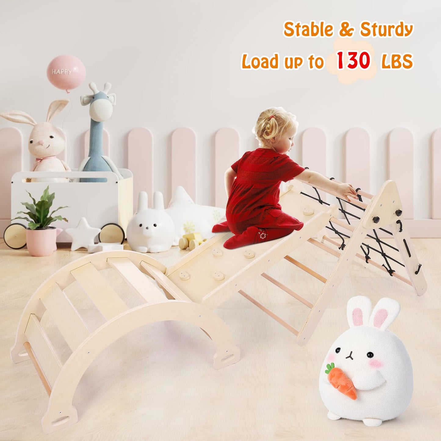 GarveeLife 3 in 1 Kids Climbing Toys, Toddler Indoor Gym Playset, Foldable Triangle Playground Toys Set with Sliding Ramp & Climbing Arch Ramp, Wooden Baby Climbing Gym - Natural