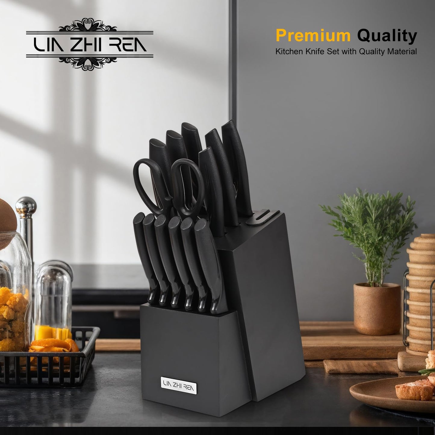 15-Piece Kitchen Knife Set with Block & Sharpener