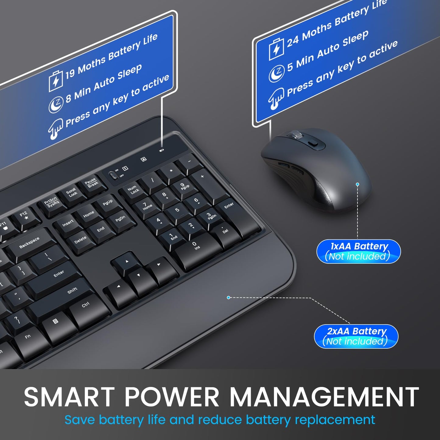 VEILZOR Wireless Keyboard and Mouse Combo, Full-Size 2.4G Ergonomic Computer Keyboard with Wrist Rest, 12+10 Multimedia Hotkeys, 4-Level 2400 DPI Wireless Mouse for Laptop/PC/Desktop,Windows/Mac OS