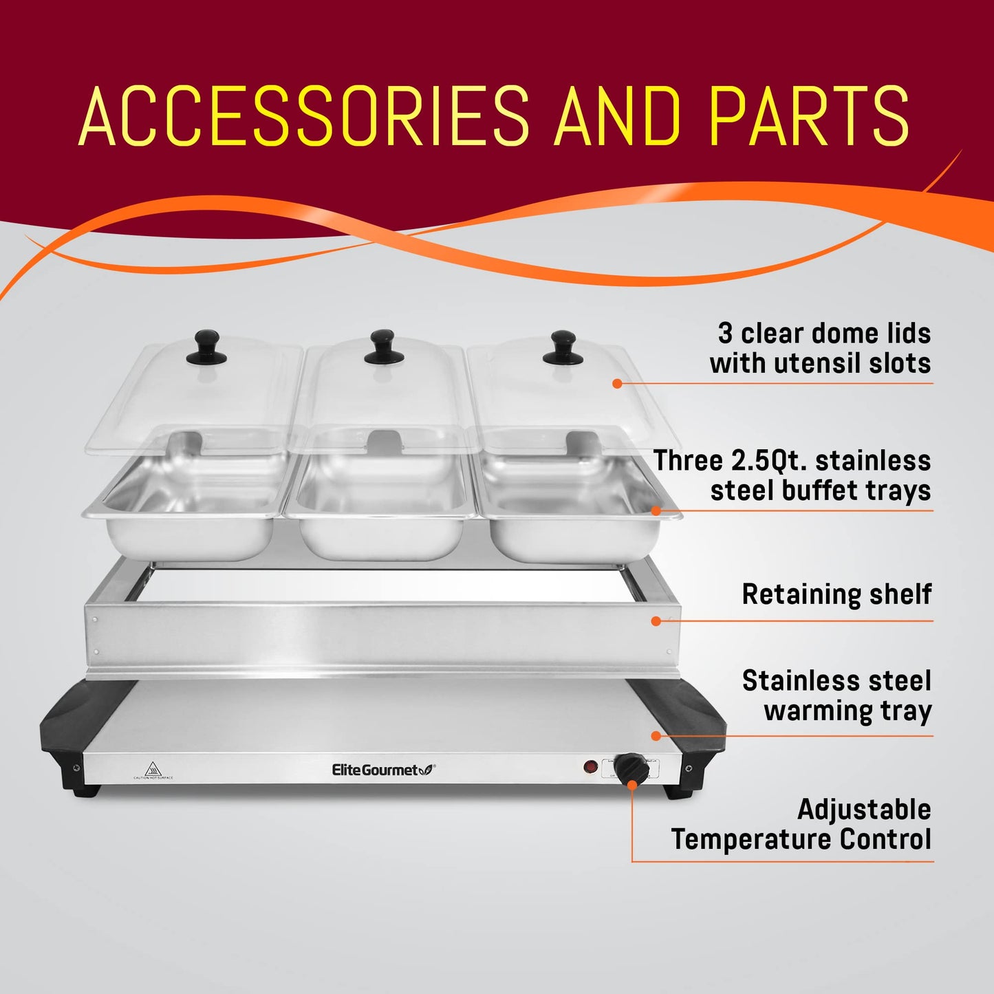 Elite Gourmet 3-Tray Buffet Server with Lids