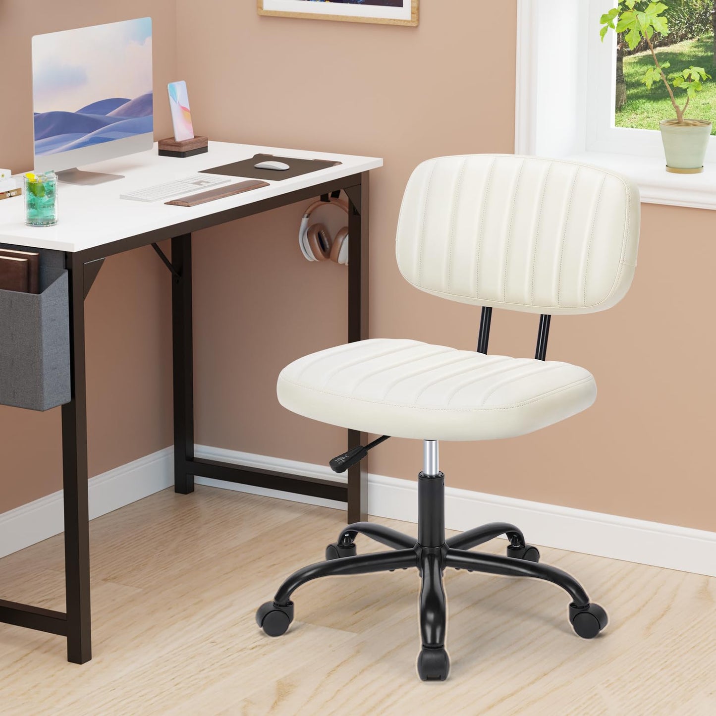 Sweetcrispy Small Desk Chair Armless,Comfortable Office Chair with Wheels, Rolling Task Chair with Low Back Lumbar Support, Vanity Chair for Bedroom Living Room Study Room, PU Leather,Crame White