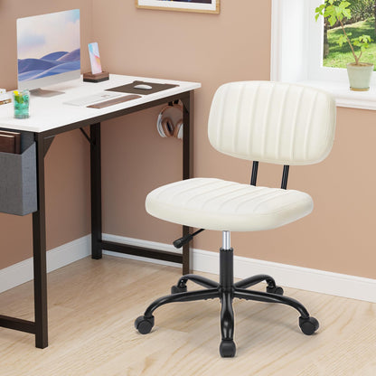 Sweetcrispy Small Desk Chair Armless,Comfortable Office Chair with Wheels, Rolling Task Chair with Low Back Lumbar Support, Vanity Chair for Bedroom Living Room Study Room, PU Leather,Crame White