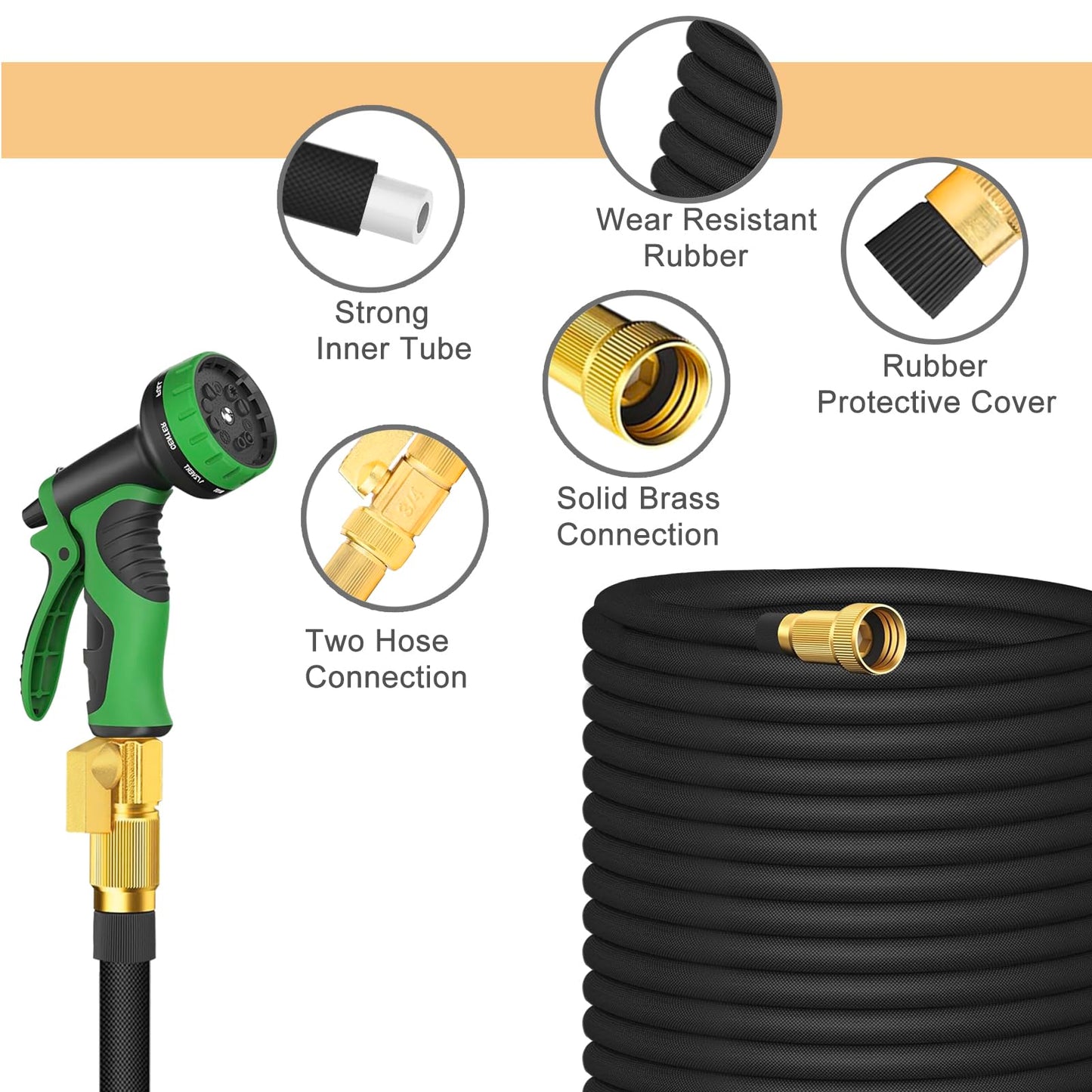 100ft Garden Hose with Brass Fittings and Nozzle