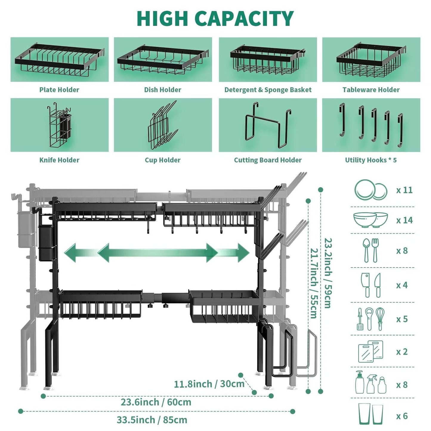 MOUKABAL Over The Sink Dish Drying Rack -Adjustable Over Sink Dish Rack- Length(25.9"-33.4")-Space-Saving -Multifunctional Over The Sink Dish Drainer Drying Rack for Kitchen Counter-Metal,Black