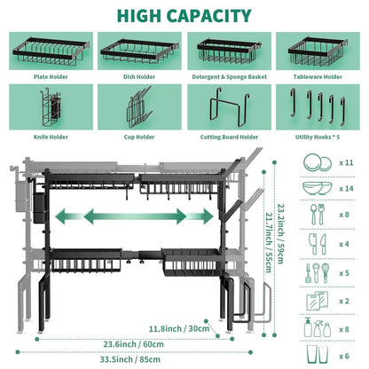 MOUKABAL Over The Sink Dish Drying Rack -Adjustable Over Sink Dish Rack- Length(25.9"-33.4")-Space-Saving -Multifunctional Over The Sink Dish Drainer Drying Rack for Kitchen Counter-Metal,Black