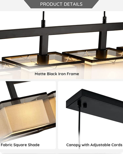 7PMBEANE Modern Rectangular Chandelier Hanging Light Fixture 4 Lights with Fabric Lampshade Adjustable for Dining Living Room Restaurant (Black)