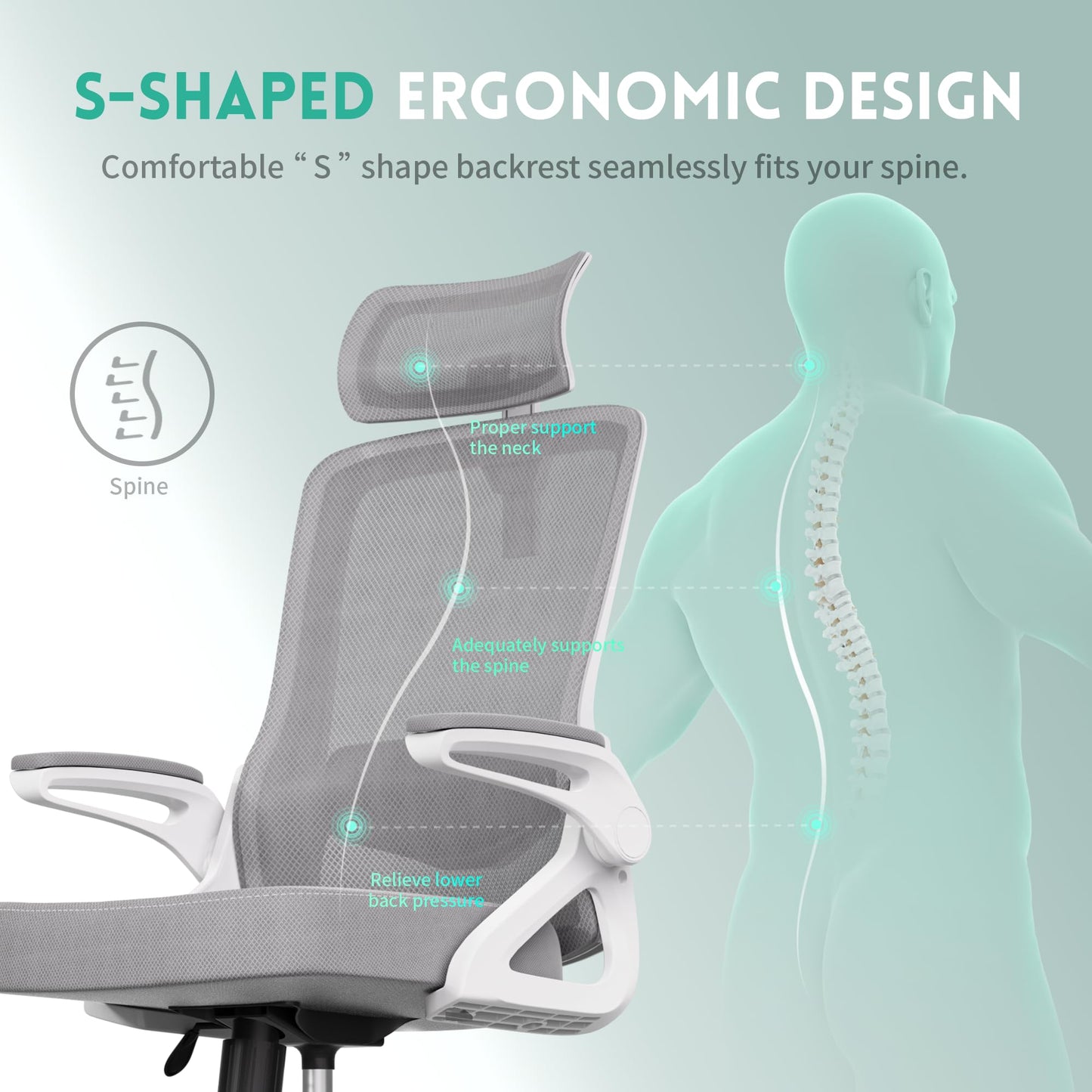 Ergonomic Office Chair, Adjustable Lumbar Support & Rotatable Headrest, 90° Flip-Up Armrests – Breathable Mesh Desk Chair with Thickened Cushion, 360 Swivel – Easy Assemble for Home/Gaming/Office