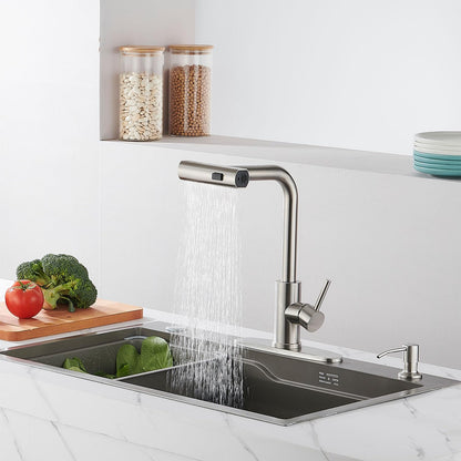 ZORIOU Kitchen Faucets with Pull Down Sprayer - Brushed Nickel Waterfall Kitchen Sink Faucet with Soap Dispenser - Single Hole Stainless Steel Kitchen Faucet - Modern Single Handle Kitchen Faucet