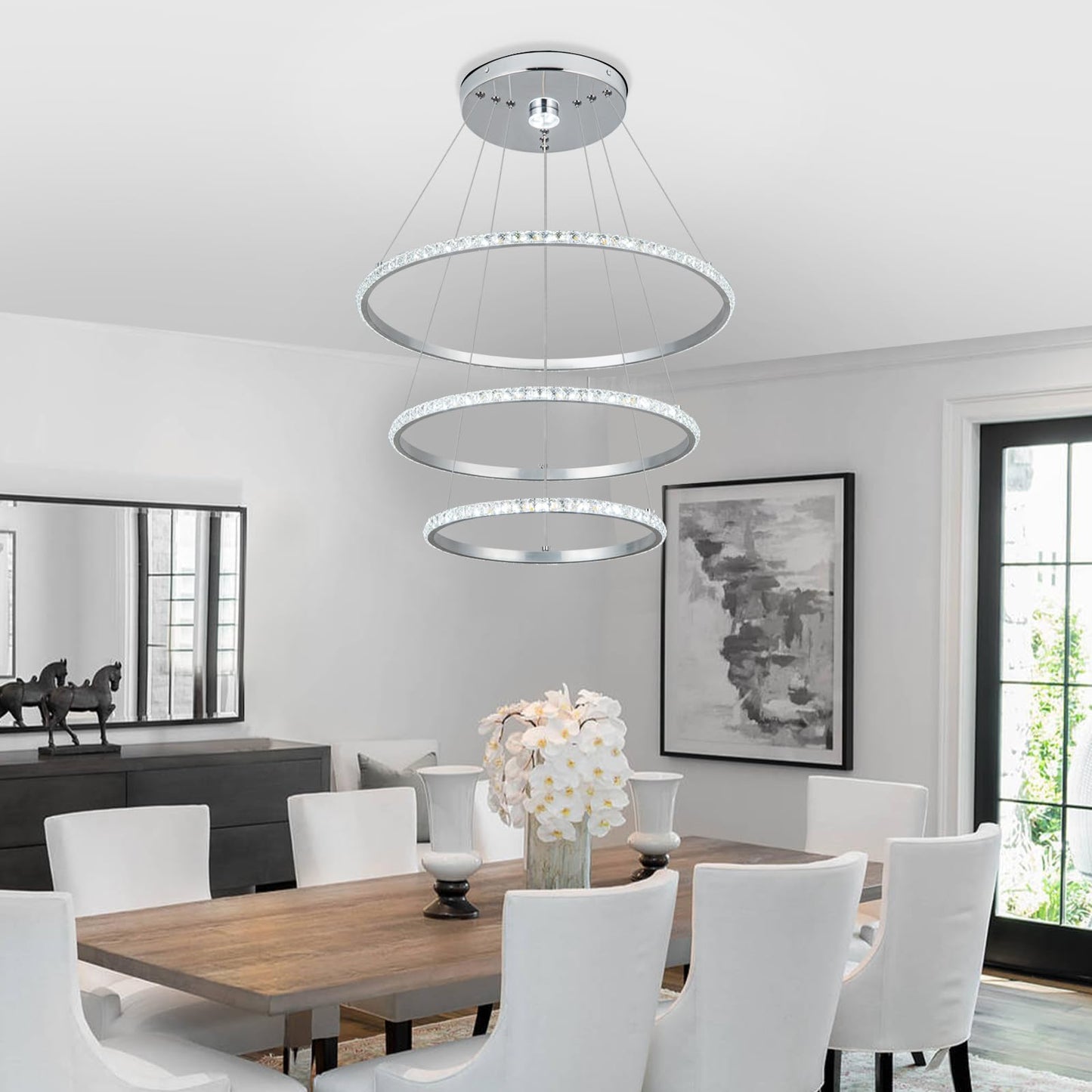 YONGYIPE LED Chandeliers Modern 3 Ring Chandelier Crystal Light Fixture Adjustable Pendant Lighting for Living Room Bedroom Dining Room (Cool White)