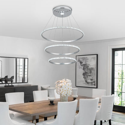 YONGYIPE LED Chandeliers Modern 3 Ring Chandelier Crystal Light Fixture Adjustable Pendant Lighting for Living Room Bedroom Dining Room (Cool White)