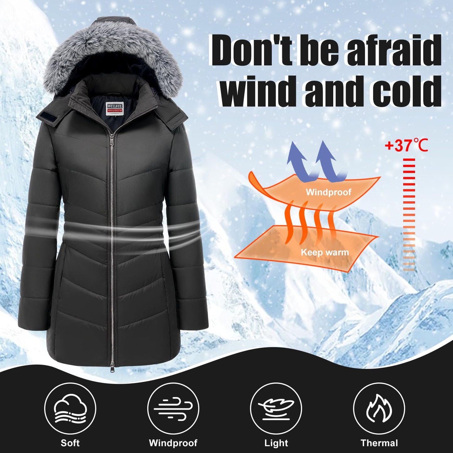 WULFUL Women's Winter Coats Long Warm Thicken Puffer Jackets Outwear With Removable Fur Hood