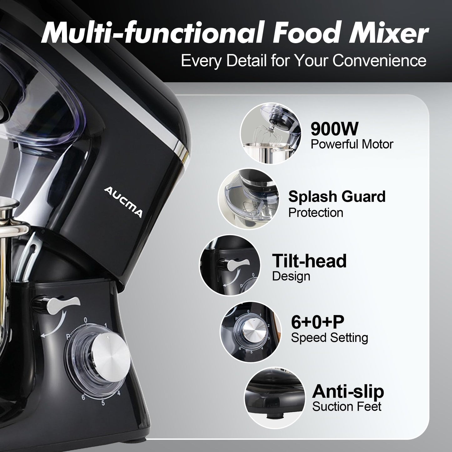 900W 8QT Aucma Stand Mixer with Attachments