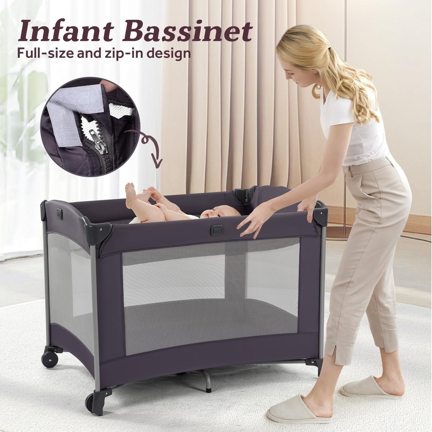 4-in-1 Portable Baby Playard with Bassinet & Canopy